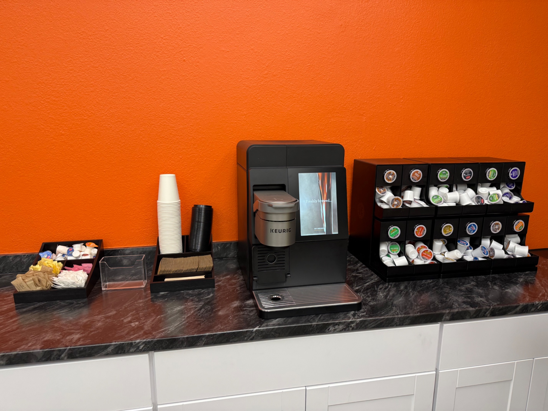 Complimentary Keurig coffee bar for caregivers at Little Land Arcadia