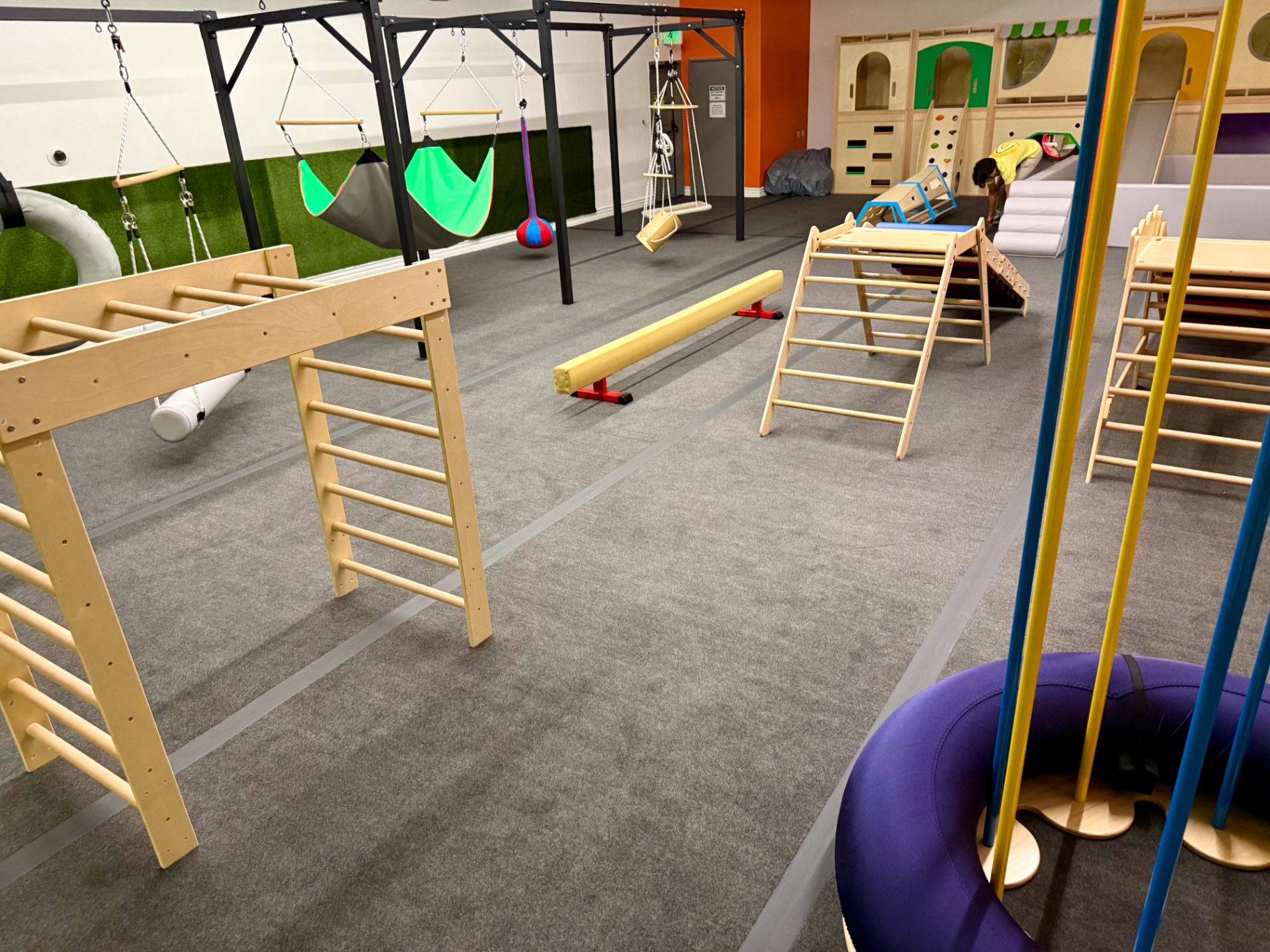 Balance beam, climbing frames, and therapy swings in the Arcadia sensory gym
